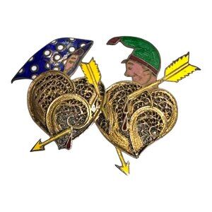 Vintage Topazio Portugal Gold Filigree Enamel Brooch Cupid Hearts Arrows RARE